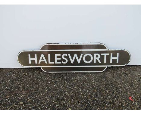 A B.R (E) enamel Station Totem "HALESWORTH", half flanged, faded colour