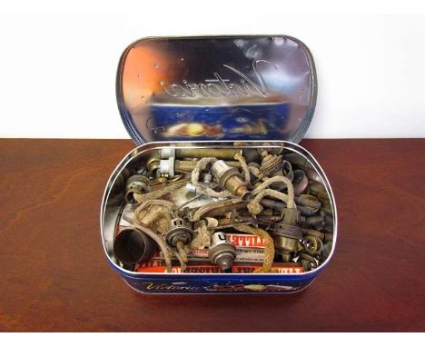 Two tins containing various tilly lamp parts and the other containing various scissors, keys, carriage keys etc - some stampe