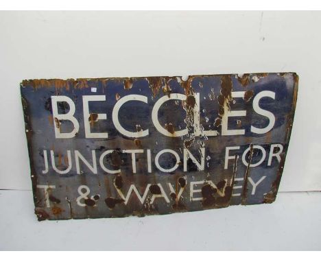 A large enamel Station sign "BECCLES JUNCTION FOR T &amp; WAVENEY", 163 X 91cm