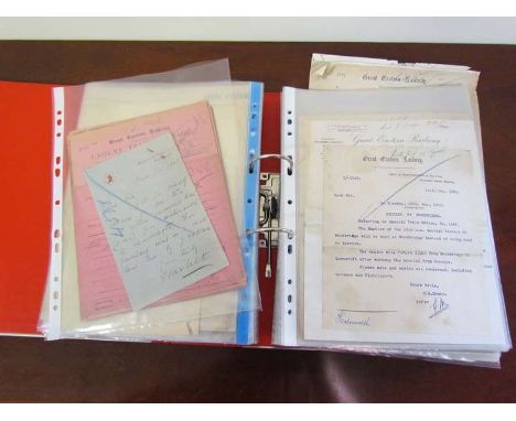 A folder containing various GER HALESWORTH STATION paperwork to include notices, ticket requisitions, delivery sheets etc 