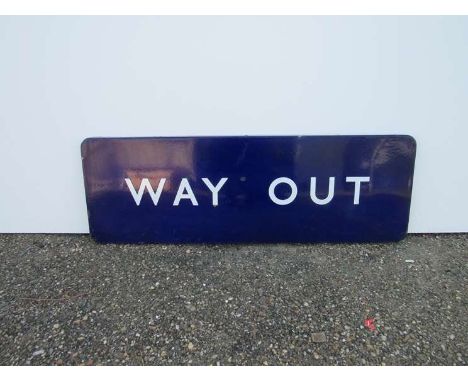 A B.R (E) enamel Platform sign, "WAY OUT", blue and white lettering, fully flanged, 91cm x 30.5cm