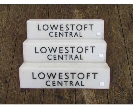 Three acetate Station Platform light covers, "LOWESTOFT CENTRAL"