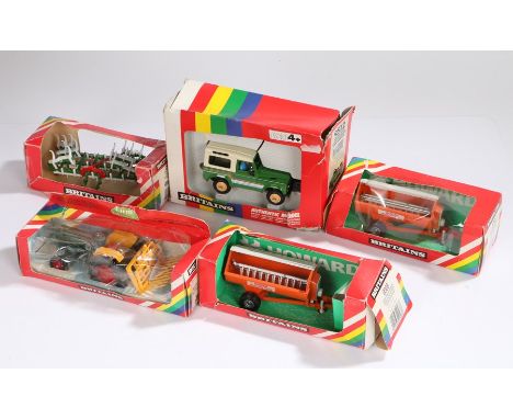 Britains, to include 9568 Rotary Manure Spreader, 9512 Farm Land Rover, 9550 Fold Up Cultivator, 9568 Rotary Manure Spreader 