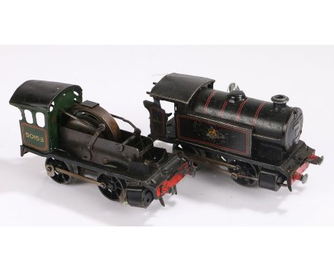 Hornby, two clock work locomotives, in black 3 82011, one missing the front section, (2)
