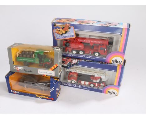 Siku, London Fire Department mobile crane, together with a Fire Engine, also together with a Corgi Volvo 760 Turbo Saloon and