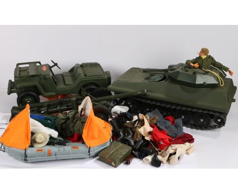 Action Man vehicles, to include a tank, jeep, artillery, boat, also together with figures, (qty)