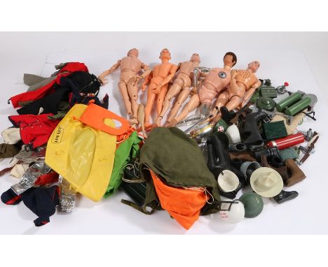 Three Action Man figures, Palitoy Six Million Dollar Man figure, another figure, collection of uniforms and outfits (qty) 