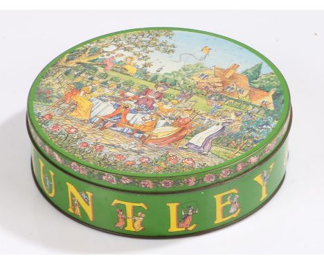Huntley and Palmer risqué biscuit tin, the pictorial cover depicting a garden tea party with concealed elements to the flower