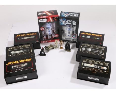 Collection of Star Wars models, to include six scaled replica lightsabers, an alarm clock and kitchen timer in the shape of R