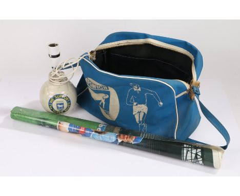Ipswich Town blue satchel bag, together with an Ipswich Town lamp and a poster, (3)