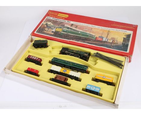 Hornby Railways Dorchester 34042 engine, D5572 diesel engine, blue circle cement wagon, fine fish wagon, Fyffes bananas wagon