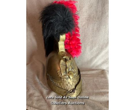 Napoleonic Dragoons helmet with Chenille and red feathered plume  20th C Napoleonic style Dragoons helmet with imperial eagle