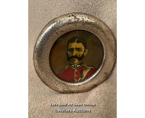 20th C miniature portrait of Lt Gonville Bromhead VC Zulu War 1879. Mounted in a silver circular frame with 12.5cm diameter a