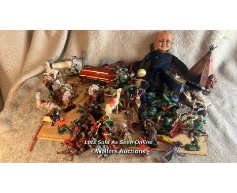 Job lot of various vintage toys and plastic figures  Over 70 items some damages but a varied selection to include marbles , t