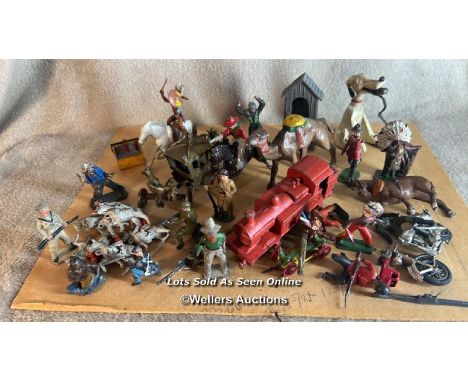 Assorted lead toys and plastic dog and bone toy  A collection of vintage lead figures various makes , a coronation carriage ,