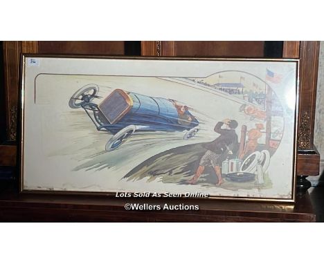 20th Vintage race car print  A great artwork by GAMY depicting an American race car C 1900 flying round a circuit with onlook