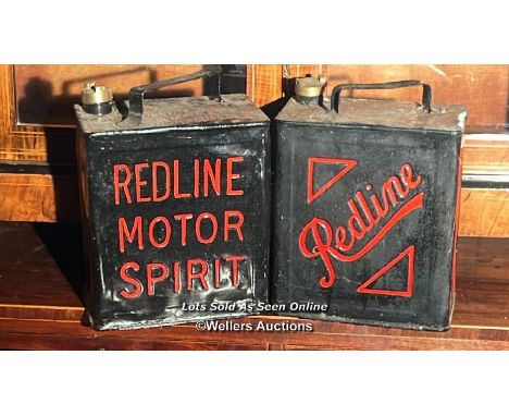 Vintage Redline Motor Spirit Cans  A pair of repainted Redline Motor Spirit cans each 25cm h x 35cm h x 15cm d 