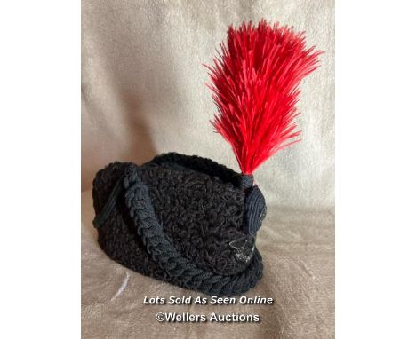 20th C Rifle Brigade woollen side busby A fine example of a Rifle Brigade parade Busby with original red dyed ostrich plume a