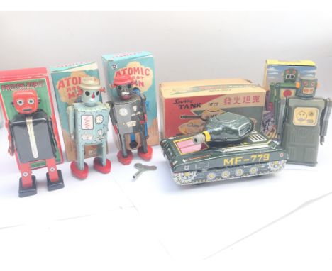 4 X Boxed Chinese Tinplate Toys including 2 X Atomic Man Robots. A Proton Robot. A Sparkling Tank and a American Giant Shooti