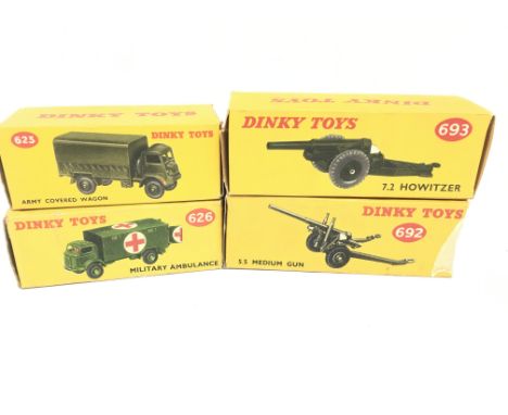 4 X Boxed Dinky Toys. A Army Covered Wagon #623. A Military Ambulance #626. A 7.2 Howitzer #693 and a 5.5 Medium Gun #692.