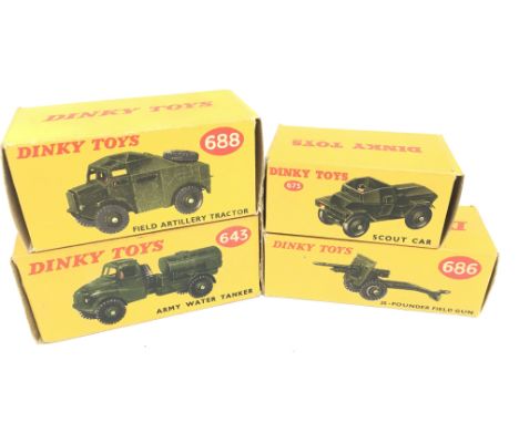 4 X Boxed Dinky Toys Including a Field Artillery Tractor #688. A Army Water Tanker #643. A Scout Car #673 and a 25-Pounder Fi