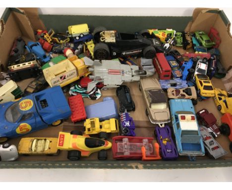 Large box contains Playworn model cars by various manufacturers including Corgi..Matchbox..Mattel etc. Also Playworn Transfor