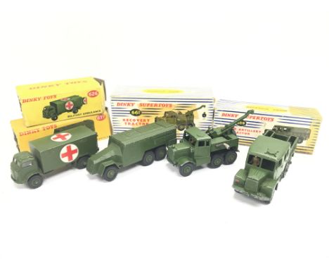 4 X Boxed Dinky Military Vehicles including a Military Ambulance #626. Armoured Command Vehicle #677. A Recovery Tractor #661