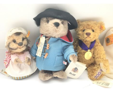 3 X Steiff Bears including Mrs Tiggy-Winkle. A Paddington Bear and a Golden Jubilee Bear.