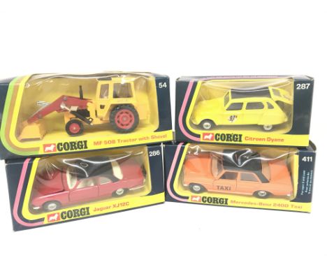 4 X Boxed Corgi Vehicles including a MF 508 Tractor With Shovel #54. A Citroen Dyane #287 a Jaguar XJ12C #286 and a Mercedes-