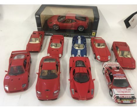 Collection of 10 model Ferraris 9 x 1/24 scale ..includes boxed Hot Wheels F430 /18 scale. Mostly by burago.