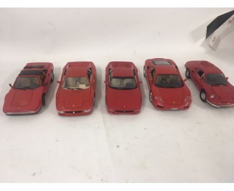 Collection of five model Ferraris by burago. 1/18 scale