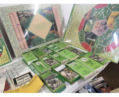 Collection of 15 boxed Subbuteo teams plus 4x team charts in frames. Also includes vintage goal and booklet etc issued in 195