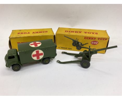 A Boxed Dinky Toys Military Ambulance #626 and a 5.5 Medium Gun. #692