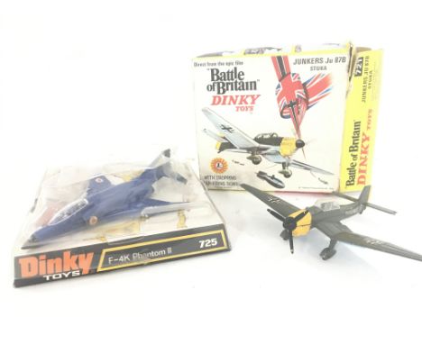 A Boxed Dinky Toys F-4K Phantom II #725 and a Battle of Britain Junkers Stuka #721 Both have rockets Missing.