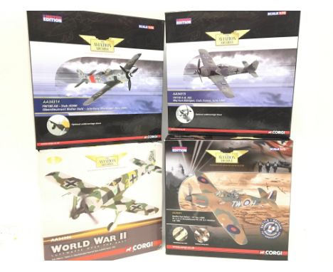 4 X Boxed Corgi Aviation Archive Aircraft. A FW190 A8 #AA34314. A Fw190 A-8 #AA34315. A FW-190-4 #AA34306 and a Boulton Paul 