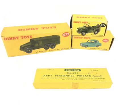 4 X Boxed Dinky Toys. A Armoured Command vehicle #677. A Austin Champ #674. A Austin A30 Saloon #160 and a Army Personnel-Pri