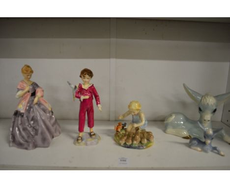 Three Royal Worcester figures modelled by F G Doughty, 'Woodland Dance', 'The Parakeet', 'First Dance', and two porcelain fig