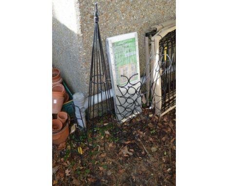 Garden spires, a metal shelf etc.