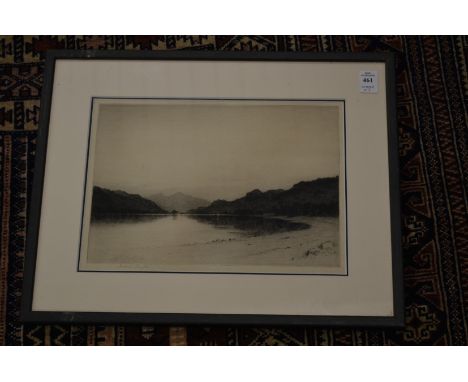Richard Smythe, Lake scene with mountains, etching together with a similar etching by Bernard Eyre-Walker and a colour engrav
