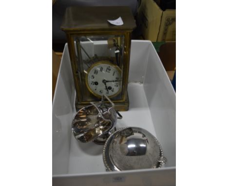 A four glass mantle clock (faults) and other items.