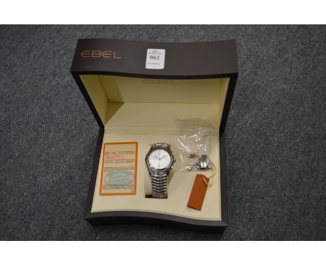 A good Ebel Gentleman's stainless steel chronograph style wristwatch with original box etc.