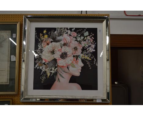 Colourful modern abstract bust length portrait of a lady with a floral hair study.