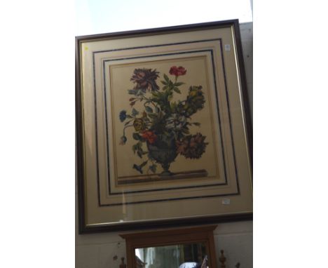 Classical study of flowers in an urn, colour print together with a pair of similar prints depicting butterflies.