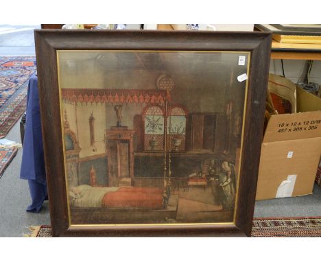 Classical interior scene, colour print.