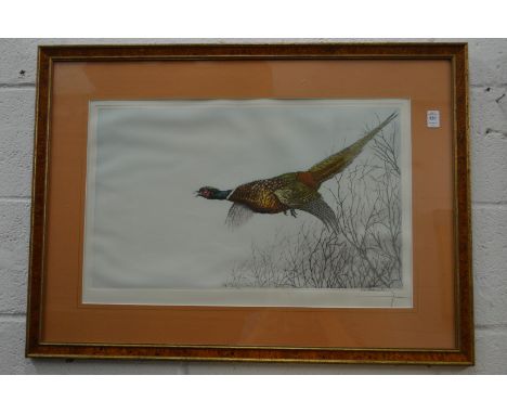 Leon Danchin, A pheasant in flight, colour print, pencil signed together with a colour print after George Morland.