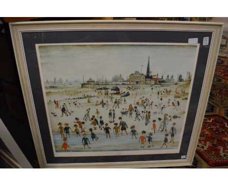 L S Lowry, At the Seaside, colour print and another similar.