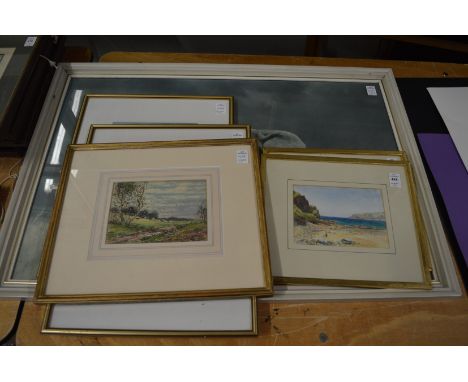 Rural landscape with cattle, watercolour, together with a pair of watercolours depicting coastal landscapes, pair of Japanese