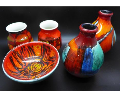 Four Poole pottery Delphis range vases, tallest 13cms h and a bowl