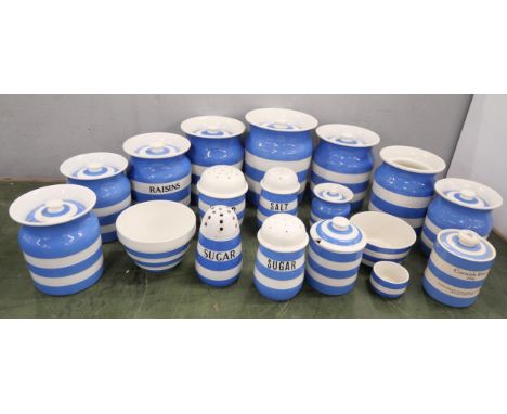 A large collection of blue and white Cornish Ware by T. G. Green, comprising mostly of storage jars. To include Raisins, Salt