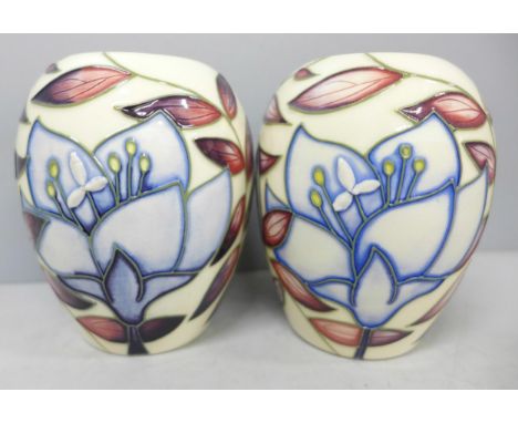 A pair of Moorcroft pottery Jacob's Ladder pattern vases, designed by Alicia Amison, 2004, 10cms h